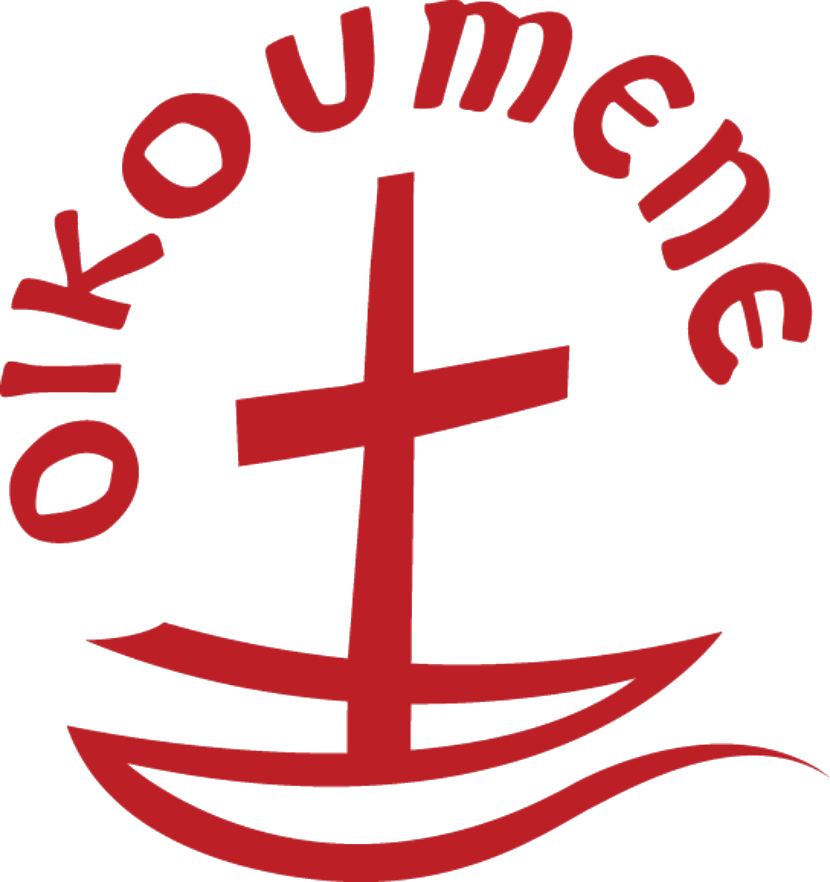 Logo du Conseil œcuménique des Églises, avec en arc de cercle le mot latin oikoumene, et au centre une croix rouge sur un bateau très stylisé — on y voit plutôt un vague chemin en z