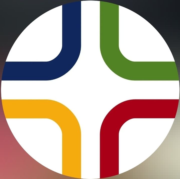 Logo de la Maison d’unité : une croix formée de quatre livres ouverts, bleu vert jaune rouge.